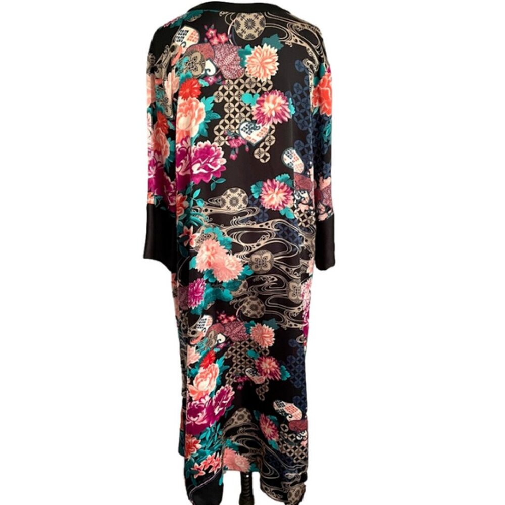 Natori Black Asian Floral Long Sleeve Kaftan Nightgown Dress - Small / Medium - Picture 7 of 10